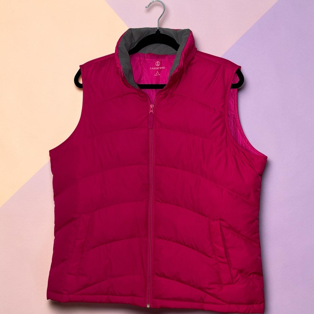 Lands End Womens Pink Down Puffer Vest Magenta Full Zip L 14-16 443707